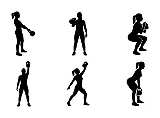 Obraz premium Kettlebell Workout Silhouettes, Female Fitness Exercises, Strength Training Poses, Vector Set