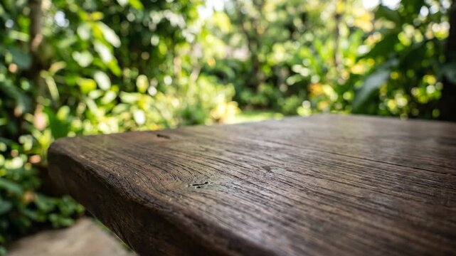Empty rustic wooden table surface outdoors with blurred green garden background