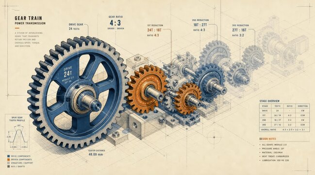 Mechanical Gear Train Technical Vector Illustration