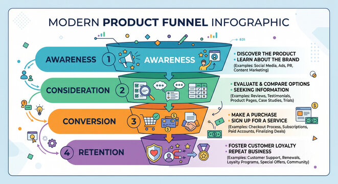 Product funnel infographic: acquisition, activation, conversion, retention, monetization; OKR/KPI track PMF.