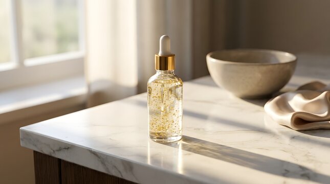 Clear Glass Dropper Bottle with Golden Serum on Marble Kitchen Counter