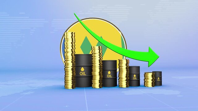 Saint Vincent and the Grenadines Oil Prices Decline with Oil Barrels, Gold Coins and Downward Green Arrow, 3D Economic and Financial Market Concept
