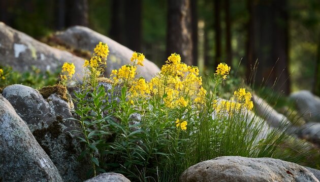 Yellow Toadflax Flowers Growing Between Wild Rocks And Forest