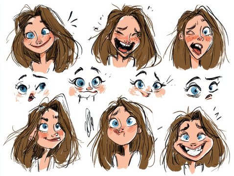 Character design sheet with various facial expressions for a girl