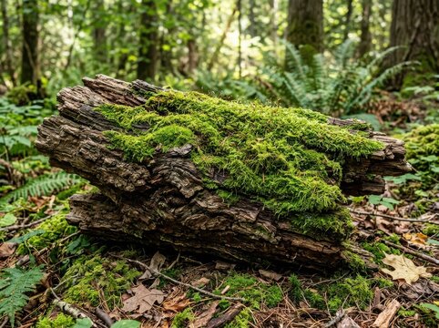 Old fallen tree log covered with green moss in a peaceful sunny forest