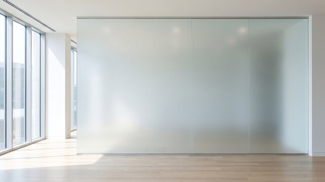 Modern Empty Office Interior with Frosted Glass Wall, Large Windows, and Wooden Floor