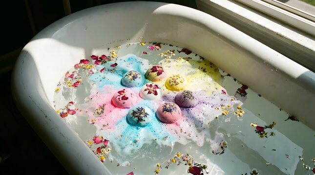 Colorful Bath Bombs Floating in Soapy Water in Bathtub