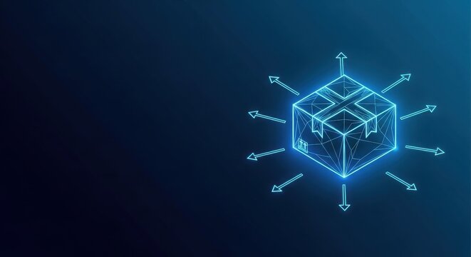 Futuristic Neon Wireframe Box Illustrating Global Logistics and Delivery Networks
