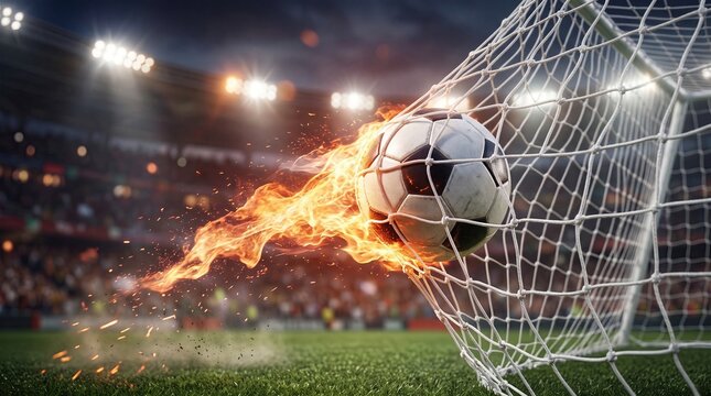 Soccer Ball Scoring Goal With Fiery Energy