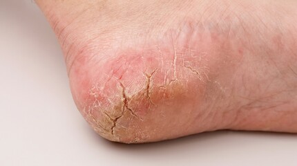 Fototapeta premium Close up of dry cracked human heel skin with redness and painful fissures