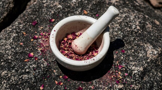 White Mortar and Pestle on Rough Stone Surface with Pink Rose Petals
