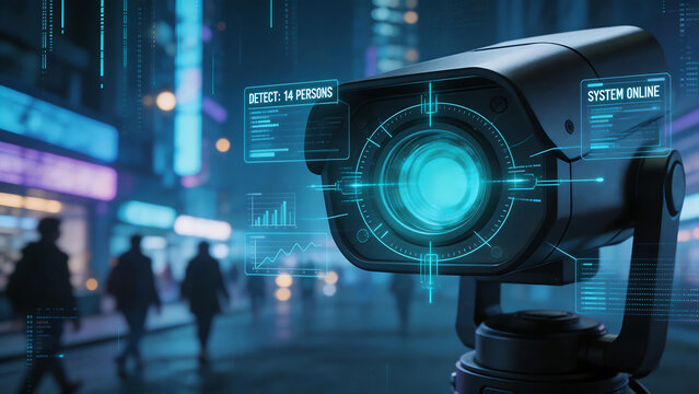 Surveillance camera in futuristic city
