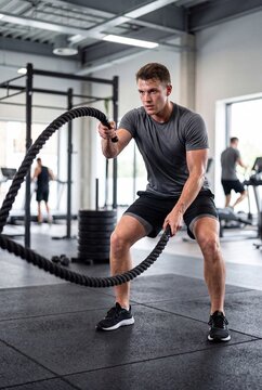 Athlete Training With Battle Ropes in Modern Gym