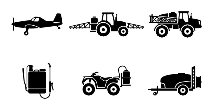 Agricultural Spraying Equipment Icons: Crop Duster Plane, Tractor, Truck, ATV, Trailer