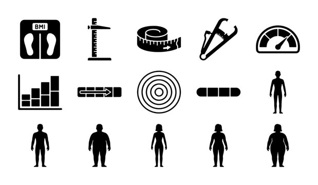 Body mass index icon set, 15 black vector elements for weight loss and health tracking, BMI measurement symbols and human body silhouettes