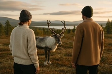 Obraz premium Couple observes reindeer in wilderness.
