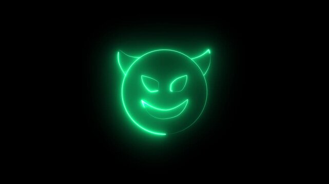 Glowing neon devil icon animation . glowing neon demon emoticon. devil with grin face ,mockery emoticon ,cute demon icon 4K video animation.