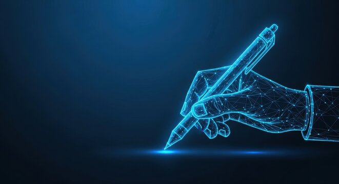 Futuristic Digital Hand Writing with Glowing Pen on a Dark Blue Background