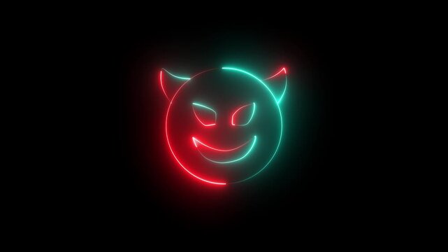 Glowing neon devil icon animation . glowing neon demon emoticon. devil with grin face ,mockery emoticon ,cute demon icon 4K video animation.
