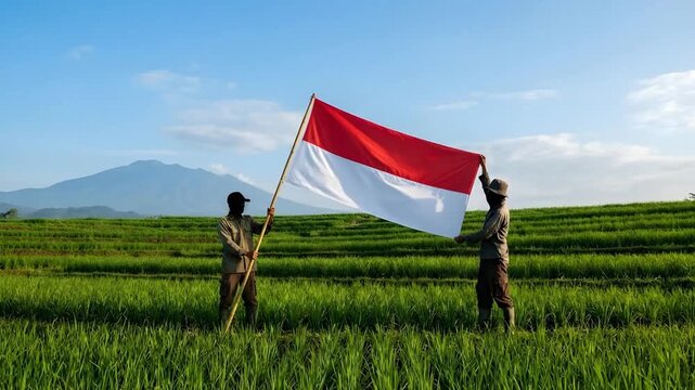 Farmers holding Indonesian flag in a lush green rice terrace.