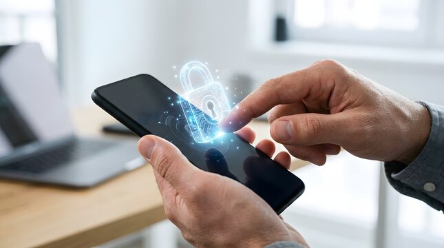 Person using smartphone with digital security lock hologram