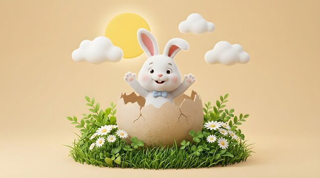 Cute cartoon bunny emerging from cracked egg in sunny spring scene