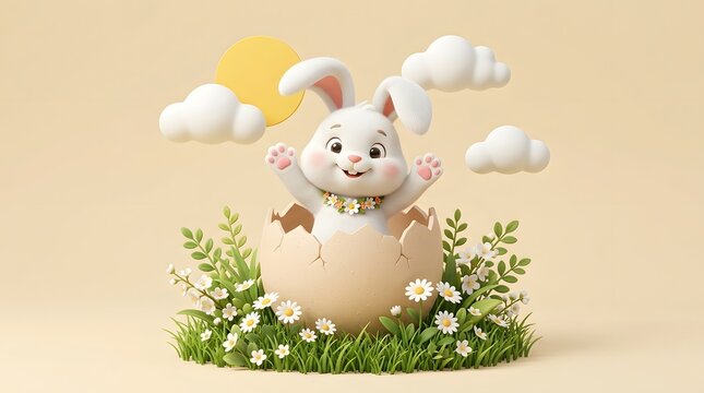 Cute Easter Bunny in Eggshell with Flowers and Clouds