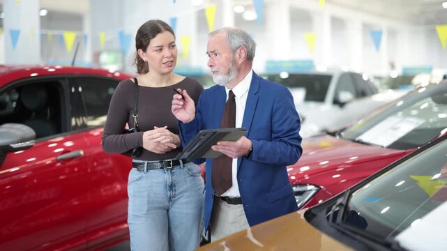 Elderly male car seller in suit walking around car salon with woman who wants to buy a car and talking about specifications of cars. High quality 4k footage