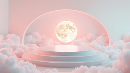 Obraz premium Soft pink, blue hues create dreamy scene. Moon sits atop tiered platform surrounded by clouds. Minimalist design evokes calm atmosphere.