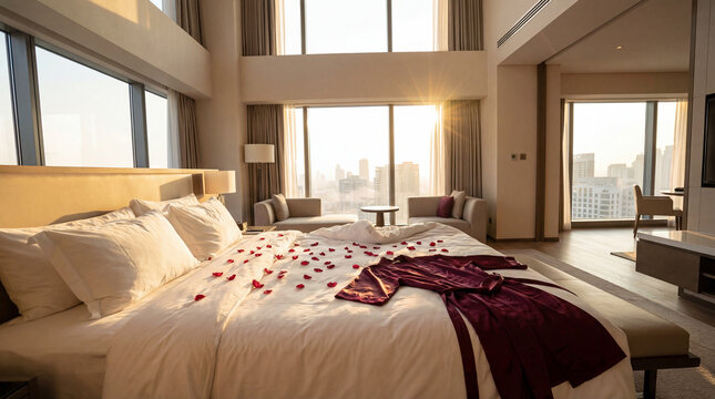 Luxury hotel bedroom with rose petals burgundy robe sunlight city view prepared for romantic stay honeymoon celebration hospitality travel getaway premium accommodation memorable romance concept