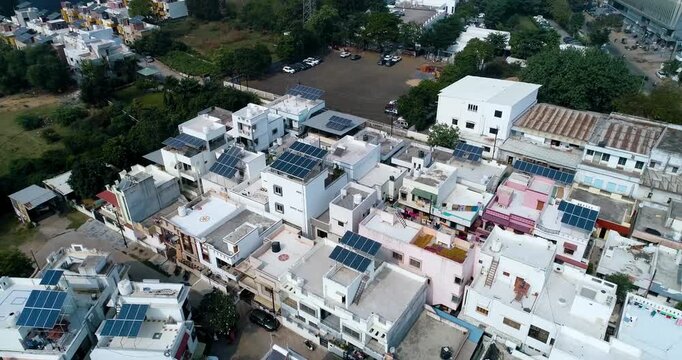 Aerial Drone View of Rooftop Solar Panels in Gujarat, India