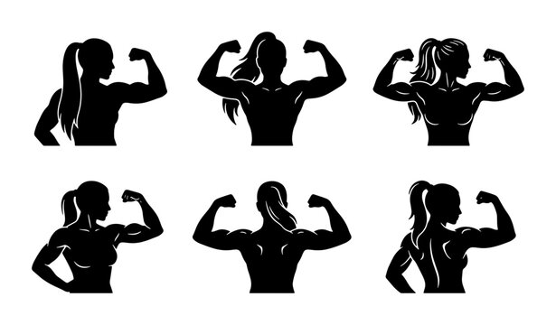 Female Bodybuilder Silhouettes, Strong Women Flexing Biceps, Fitness Icons Set