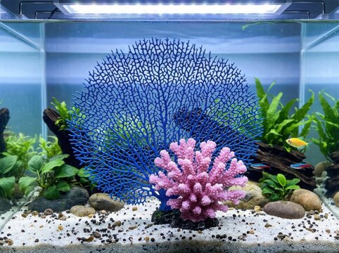 Beautiful freshwater aquarium with colorful artificial coral and green plants on a rocky gravel bottom