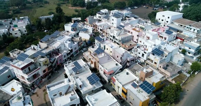 Aerial Drone View of Rooftop Solar Panels in Gujarat, India