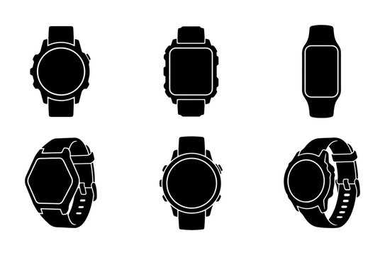 Smartwatch Icons, Digital Watch Silhouettes, Modern Wearable Tech Vector Set