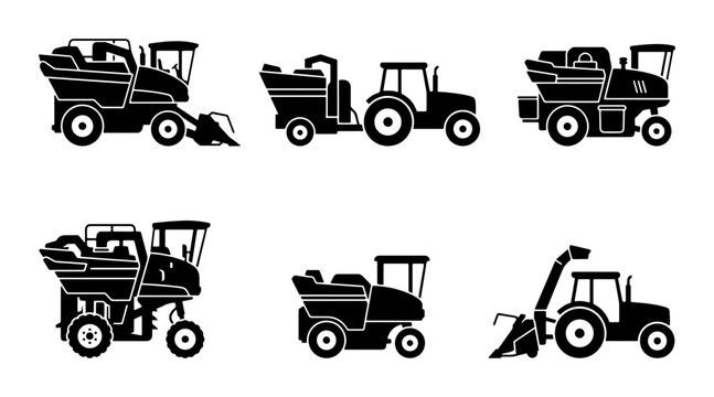 Agricultural Machinery Icons: Combine Harvesters, Tractors, Silage Blower Vector Set