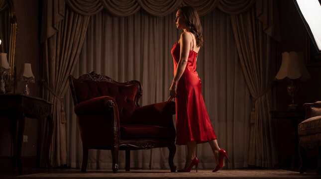 Elegant woman wearing red satin dress with matching heels standing beside classic armchair in dramatic interior representing luxury fashion confidence evening style glamour portrait elegance