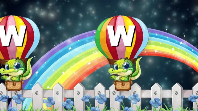 Cartoon Crocodile in Hot Air Balloon Floating Over Rainbow and Fence