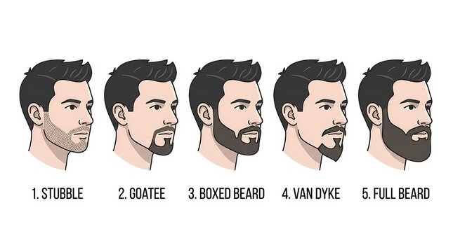 Five distinct male facial hair styles illustrated side profile view guide for barber shop grooming reference with educational guide with displays clear educational