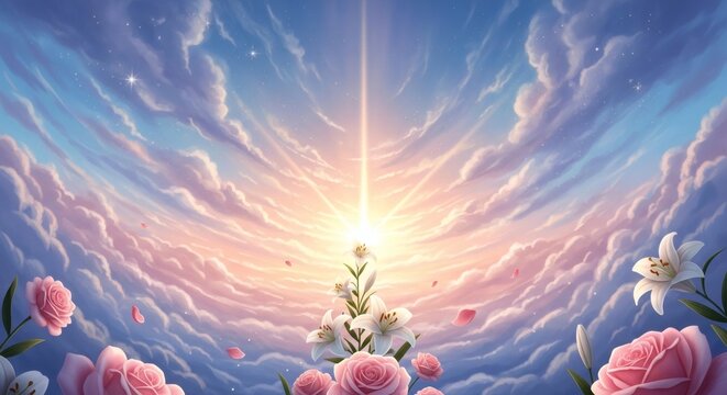Radiant Spiritual Sunrise with Blossoms and Heavenly Light &ndash; Divine Hope Concept
