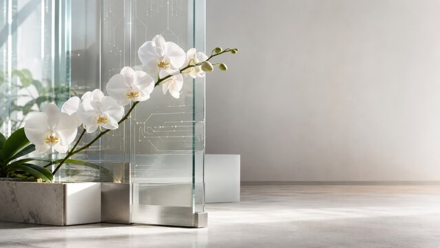 Diagonal White Orchid Background with Conductive Glass for Secure FinTech Infrastructure and Corporate Hero Banner
