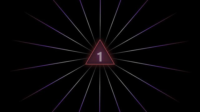Futuristic Neon Countdown Timer from 5 to 1 with Glowing Triangle and Radial Laser Lines Background