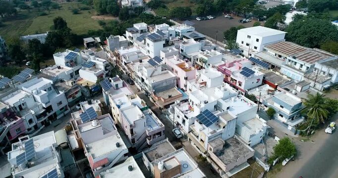 Aerial Drone View of Rooftop Solar Panels in Gujarat, India