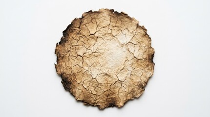 Naklejka premium Circular Piece Of Burned Old Parchment Paper With Dry Cracked Texture Isolated On White Background For Vintage Stationery Design And Historic Concept