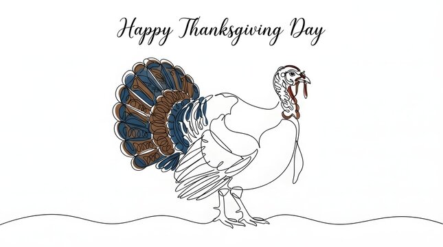 A festive and artistic hand drawn sketch of a turkey with colorful feathers celebrating the holiday season with a beautiful happy thanksgiving greeting card design