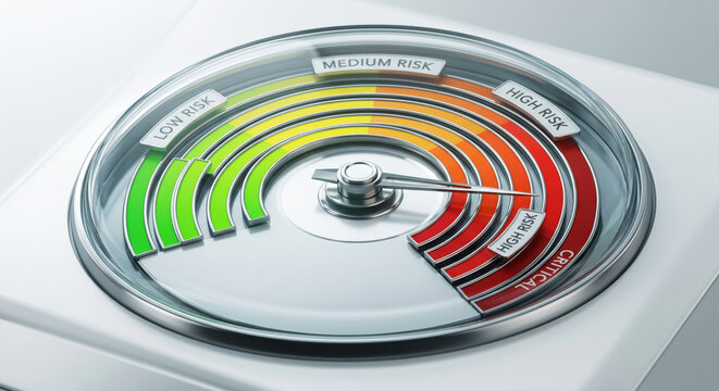 Gauge dial: compliance risk score, appetite threshold, escalation triggers, and residual exposure.