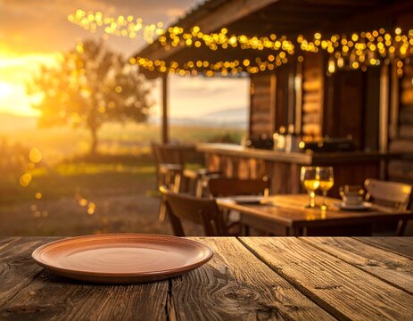 Cozy and inviting countryside bar setting with a wooden plate and rustic table in the foreground surrounded by a warm golden bokeh glow for a festive and intimate atmosphere