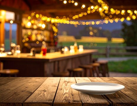 Cozy and inviting countryside bar setting with a wooden plate and rustic table in the foreground surrounded by a warm golden bokeh glow for a festive and intimate atmosphere