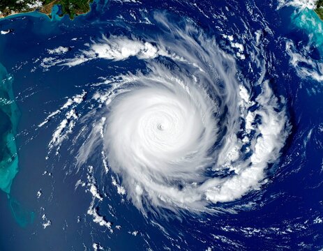 Breathtaking satellite image captures the dramatic and powerful presence of a massive ocean storm with a mesmerizing circular cloud formation rotating over the deep blue waters