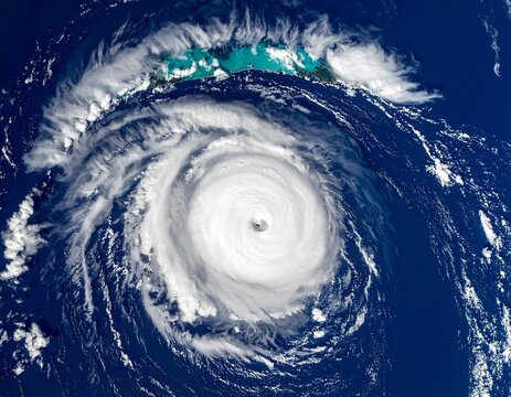 Breathtaking satellite image captures the dramatic and powerful presence of a massive ocean storm with a mesmerizing circular cloud formation rotating over the deep blue waters